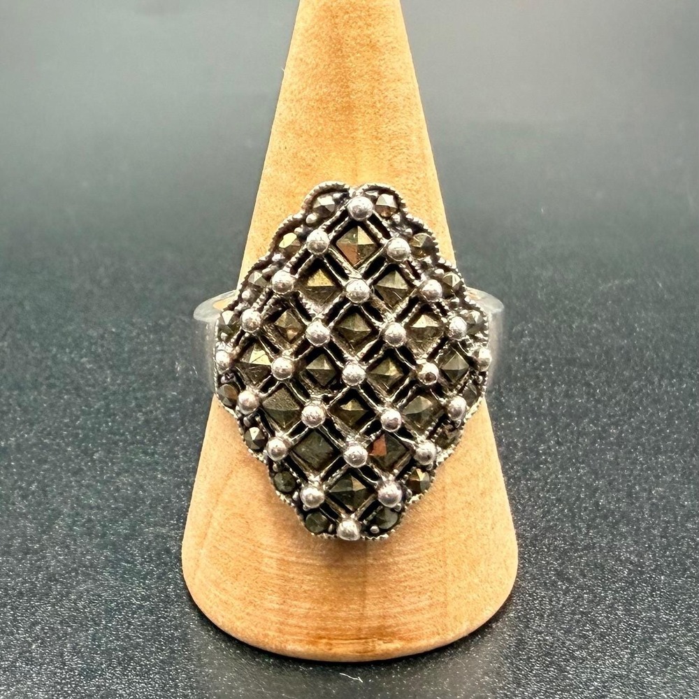 Vintage Sterling Silver Cocktail Ring Marcasite Lattice Diamond Shape 7.75